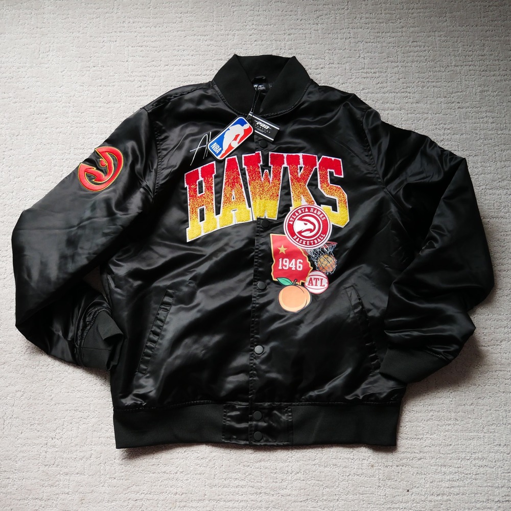 Pro Standard Atlanta Hawks NBA Remix Satin Varsity Jacket Black Mens L New
